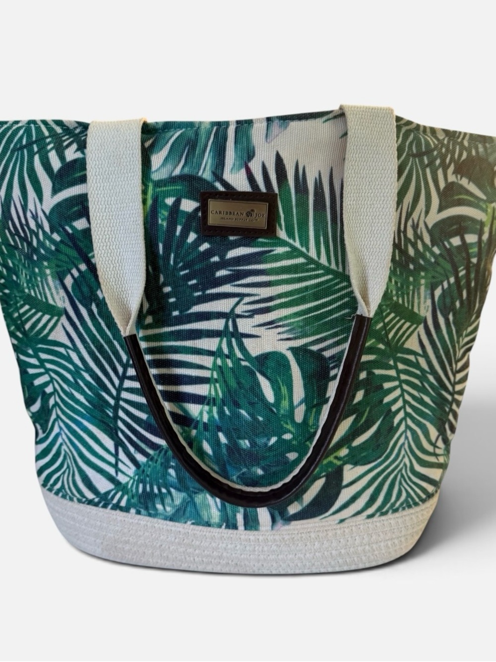Caribbean Joe Green Tropical Palm Canvas Beach Bag Tote